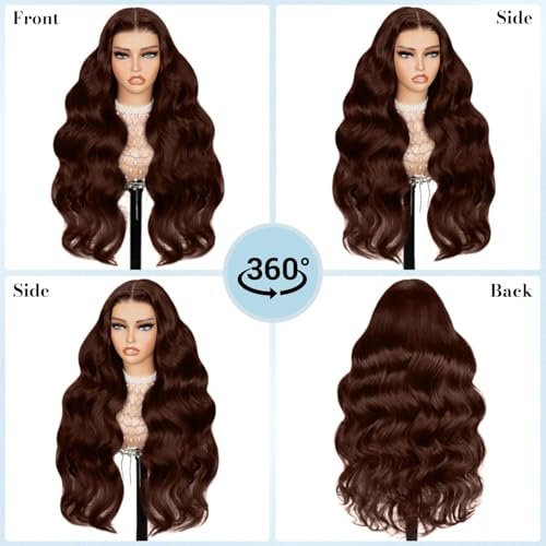 LuAiJa Brown Body Wave Glueless Wig Human Hair 9x6 Wear and Go Glueless Human Hair Wig Chocolate Brown Pre Plucked Pre Cut Wig Human Hair 30 Inch Dark Brown Body Wave Wig For Black Women 221% Density