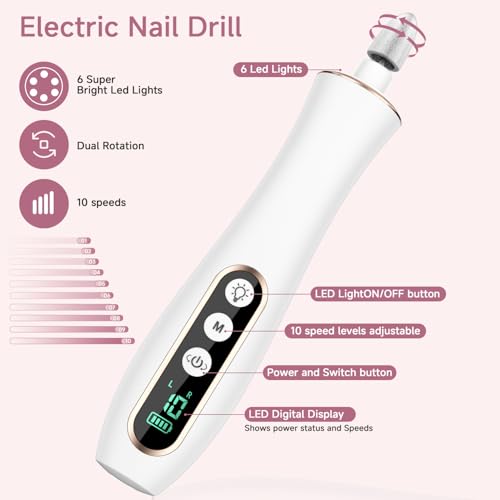Professional Cordless Electric Nail File Set, 360 LED Light Drill Machine With LCD Display, 10 Speeds Rechargeable for Gel and Thick Toe Nails, Manicure Pedicure Kit, Christmas Gifts