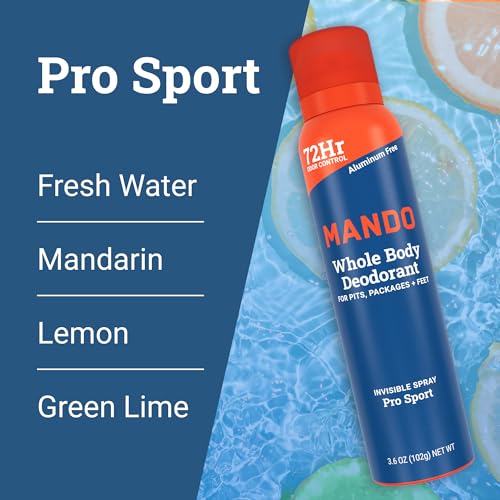 Mando Whole Body Deodorant For Men - Invisible Spray Deodorant - 72 Hour Odor Control - Low Irritation Formula - Aluminum Free, Benzene Free - 3.6 ounce Cans (Pack of 2) - Pro Sport