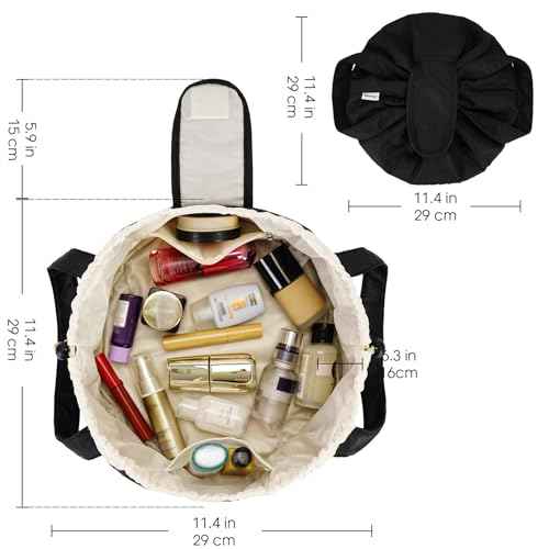 Narwey Barrel Drawstring Makeup Bag Large Cosmetic Bag Make up Bags Women and Girls Toiletry Organizer for Travel Toiletries Accessories Essentials (Black) (Patent)