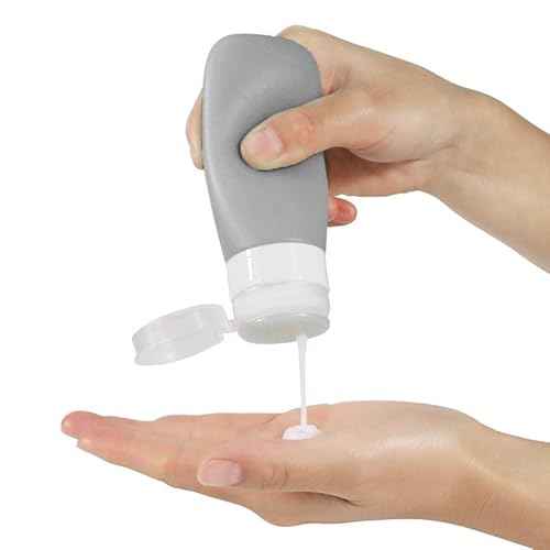 Travel Bottles for Toiletries, TSA Approved 3oz (90ml) Leak Proof Silicone Refillable Squeeze Travel Size Containers BPA Free for Cleansers, Lotions, Shampoo 3-pk (Black-Gray-White)