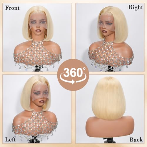 Blonde Bob Wig Human Hair 180 Density 613 Straight Bob Wig Pre Plucked With Baby Hair Brazilian Virgin 14 Inch 613 Bob Wig Human Hair 13x6 Lace Front Wig For Women Heat-Friendly For Coloring