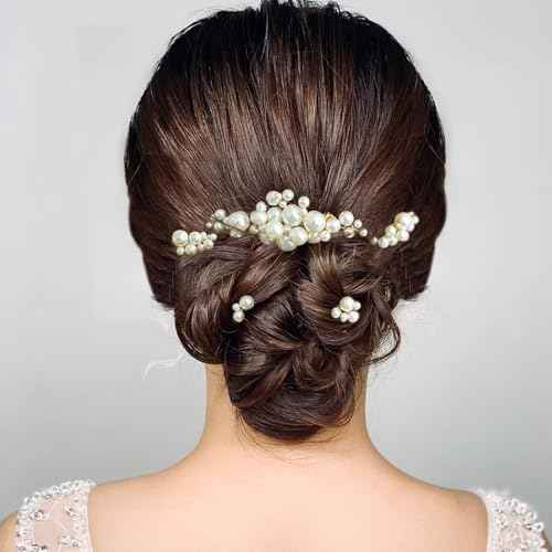 Wedding Pearl Hair Combs Set of 5 Pieces - Prom Hair Pins Accessories for Bridal Women (Gold)