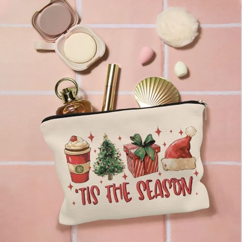 Tis the Season Christmas Makeup Bag, Red Santa Hat Gift Box Cocoa Christmas Tree Cosmetic Bags with Zipper for Women's Gifts