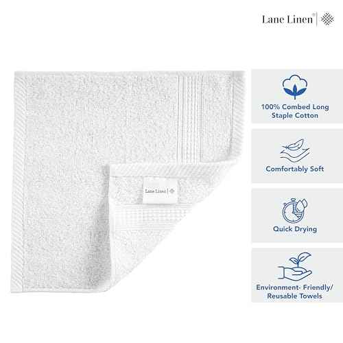 LANE LINEN 100% Cotton Washcloths 24 Pack - Spa & Salon Quality Face Towels - Ring Spun, Soft & Absorbent Wash Cloth Rags for Body, Beauty, Home, Gym - Fingertip Towels - 13"x13", White Washcloths