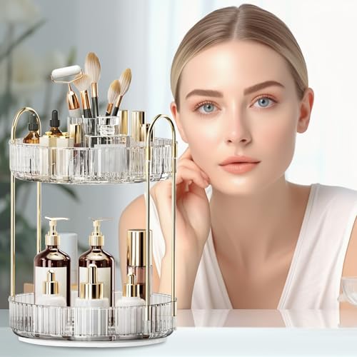 360¡Æ Rotating Makeup Organizer, Large-Capacity Skincare Make Up Storage 2 Tier Perfume Organizers Cosmetic Dresser Organizer with Makeup Brush Holder, Fits Bedroom, Bathroom, Vanity Shelf Countertop