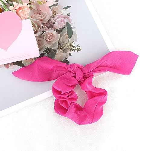 12 Pack Scrunchies for Women, Bow Hair Scrunchies for Thick Hair, Hot Pink Hair Ties Bunny Ear Scrunchies Satin Scrunchies, Hair Accessories Scrunchies with Tails for Girls