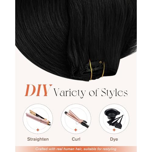 Sunny Hair Clip in Hair Extensions Straight Human Hair Clip in Extensions Remy Clip in Hair Extensions Real Human Hair Extensions Clip ins Jet Black for Women 22inch