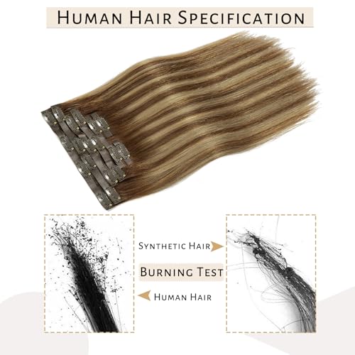 Caliee Seamless Clip in Hair Extensions Human Hair 14 Inch 115G Full Head Double Weft R4-4/27 Chocolate Brown to Caramel Blonde with Brown Roots 8Pcs Balayage Human Hair Clip in Extensions