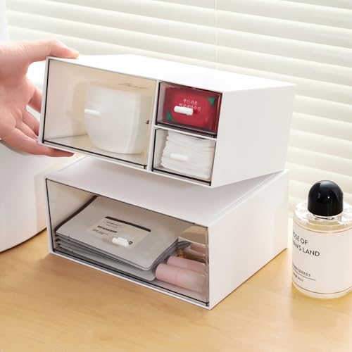 Desk Organizer with 4 Drawers, Makeup Organizer, Desktop Storage Box, Cosmetics Storage Box for nail polish, Lipstick, Brushes, Jewelry, Skincare, Bathroom Organization Boxes(White)