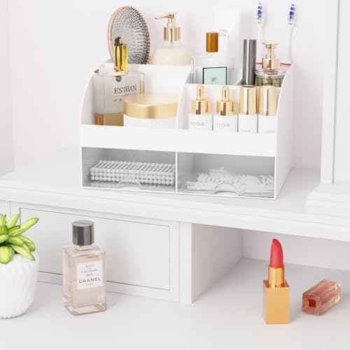 Makeup Organizer with Drawers, Cosmetic Storage for Dresser Vanity and Bathroom Countertop, Beauty Holder for Lipstick Brush, Skincare Organizer for Vanity, Cosmetic Display Case (White)