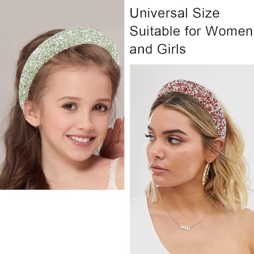 AHONEY 2 Pack Rhinestone Headband Women Girls Thick Padded Headband, Sequin Beaded Pearls Head Band Glitter Cute Headband Birthday Prom Christmas Hair Accessories For Women Girls (Green&Red)
