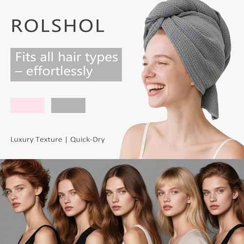 2 Pack Microfiber Hair Towel Wrap for Women, 32" x 11" Waffle Weave Hair Plopping Towel for Curly, Long & Thick Hair, Anti-Frizz Hair Turbans for Wet Hair (Pink, Grey)