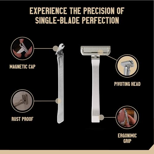 Proof Benchmark Single Blade Razor CNC Machined Aluminum Metal - Made in USA - Pivoting Head for a Smooth & Comfortable Shave - Easy Blade Replacement - Durable Design with Grooved Cap & Leather Case