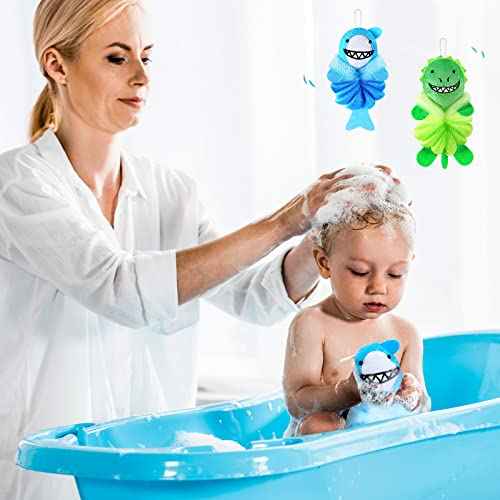 Nuenen 2 Pcs Bath Loofahs Kids Toddler Cute Cartoon Bath Sponges Loofah Pouf Body Scrubber Mesh Sponges for Children Shower Washing Exfoliating