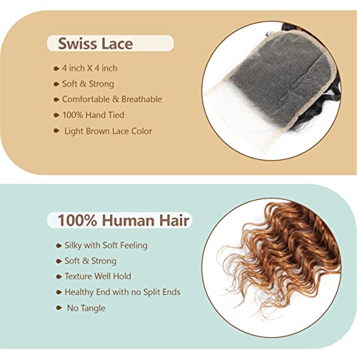 Ombre Deep Wave Human Hair 3 Bundles With 4x4 Lace Closure 1B/30 Brown Curly Bundles with Closure Unprocessed Brazilian Virgin Human Hair Extensions For Women (T1B/30,14 16 18+12)