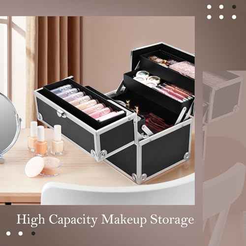 Frenessa Makeup Train Case Cosmetic Organizer Case Professional Makeup Storage Box 4 Trays with Divider Lockable Travel Case Portable Travel Makeup Box for Makeup Artist, Carfter, Cosmetics Black
