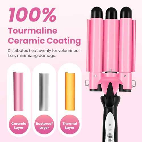 3 Barrel Curling Iron - 1" Professional Ceramic Hair Crimper with Dual Voltage & 2 Temperature Settings | 25mm Triple Barrel Waves Wand for Fast Heating Styling | Pink