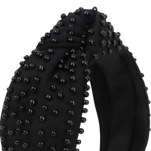 YISSION 1PC Pearl Knotted Headband for Women Non Slip Beaded Headband Wide Pearl Headbands for women Jeweled Embellished Hairband Black Head Band Hair Accessories for Women Girls