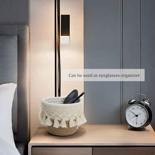 2Pcs Crochet Glasses Holder for Nightstand Macrame Knit Eye Glass Organizer Mini Storage Basket Stand with Tassels for Eyeglass Makeup Brush Desk Table Office