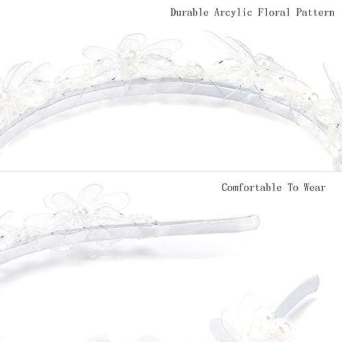 AHONEY Headband, White Flower Headpiece for Women and Girls, Elegant Dressy Hair Band with Pearl, Acrylic, Crystal Beads, Resin - Daily, Party, Wedding, Dating, Concert, Photoshoot Hair Accessories