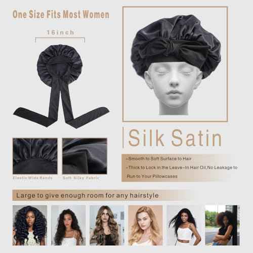 Silk Bonnet for Sleeping Women, Ajustable Hair Bonnet for Curly Hair with Tie Band Shower Caps Black£¬Large