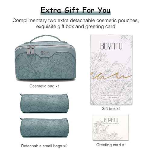 BOYATU Travel Makeup Bags Cosmetic Organizer Bag: 3-Set Large Capacity Make up Bag - PU Leather Toiletry Bags for Women - Wide Open Portable Pouch with Divider & Handle (01-Light Blue)