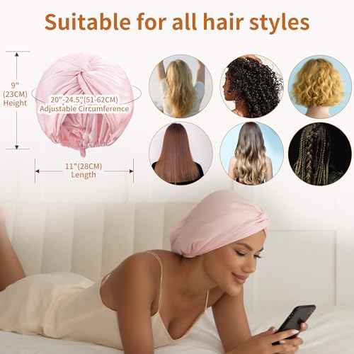 Adjustable Silk Satin Hair Bonnet for Sleeping with 5% Mulberry Silk ? Double Layer Hair Cap for Women & Men, Extra Smooth Night Cap for Curly, Braided, Natural Hair ? Silk Shower Cap (Pink)