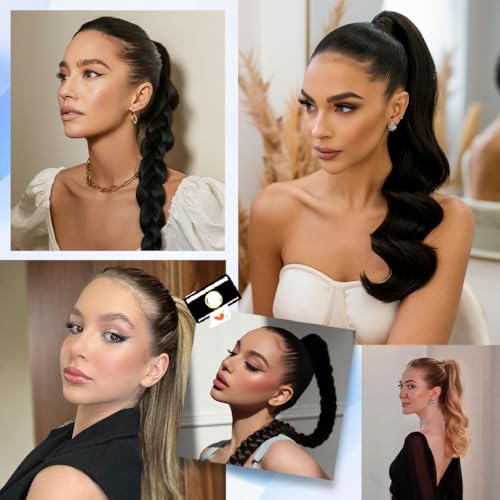 18 Inch Human Hair Ponytail 80g Long Wrap Around Ponytail Brown Balayage Real Hair Ponytail Extension for Women(18inch,Brown Balayage)