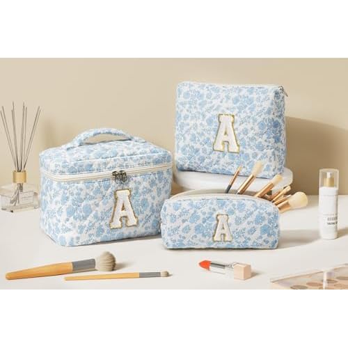 Birthday Gifts for Teen Girls Women, Personalized Initial Makeup Bag Quilted Cosmetic Bag Floral Make Up Bag Travel Toiletry Bag Teen Girl Gifts Trendy Stuff Christmas Gifts for Mom Daughter Friends