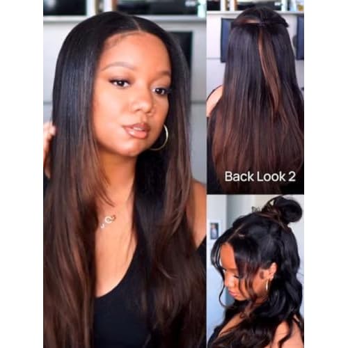 Beauty Forever V Part Wig Human Hair Yaki Straight EasiContour Vpart Wigs No Leave Out Ombre Chestnut Brown Glueless Upgraded U Part Wigs for Women None Lace Front Wigs T128 Color 150% Density 18inch