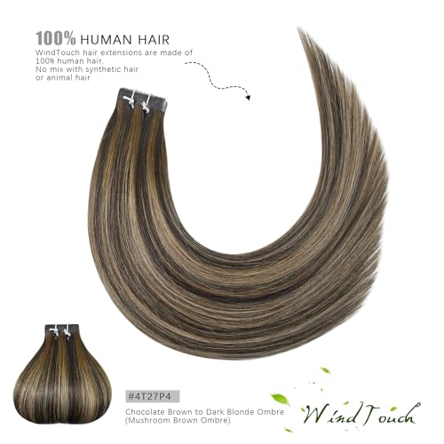 WindTouch Tape in Hair Extensions Human Hair Balayage Chocolate Brown to Caramel Blonde 22inch 50g 20pcs Thick Ends Tape in Extensions Invisible Tape in Hair Extensions Human Hair