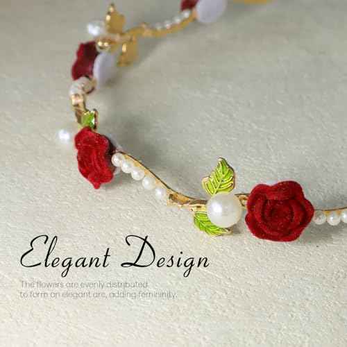Red Rose Metal Hair Wreath Pearl Floral Flower Crown Headpiece Dainty Forest Style Headband Artificial Roses Hair Accessories for Girl and Flower Girls Bridal Wedding Party Photos