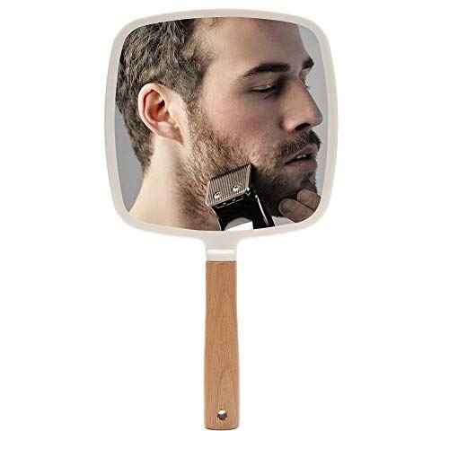 YEAKE Hand Held Mirror with Handle for Makeup,Small Cute Wood Hand Mirror for Shaving with Hole Hanging Single-Sided Portable Travel Vanity Mirror for Men&Women(Square)