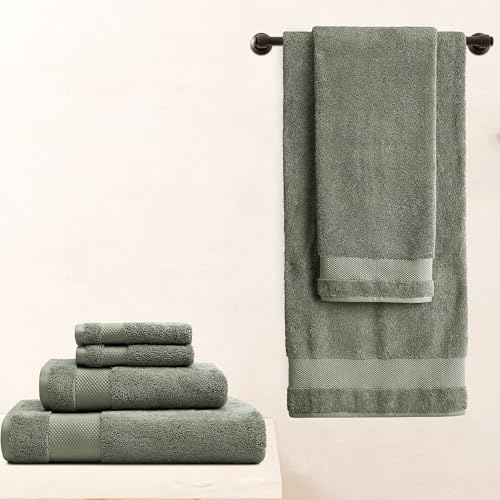 BIOWEAVES 100% Organic Cotton Bath Towel Set | 700 GSM Plush 6-Piece Premium Towel Set GOTS Certified, 2 Bath Towels, 2 Hand Towels & 2 Washcloths - Sage