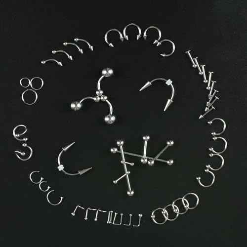 94PCS Mixed-pack Piercing Kits for All Body Piercings Stainless Steel 14G 16G 20G Jewelry and Needle with Tools Nose Septum Lip Ear Belly Button Cartilage Tragus