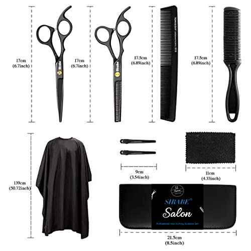 Sirabe 10 PCS Hair Cutting Scissors Set, Professional Haircut Scissors Kit with Cutting Scissors, Thinning Shears, Comb, Cape, Clips, Black Hairdressing Texturizing Shears Set for Barber, Salon, Home