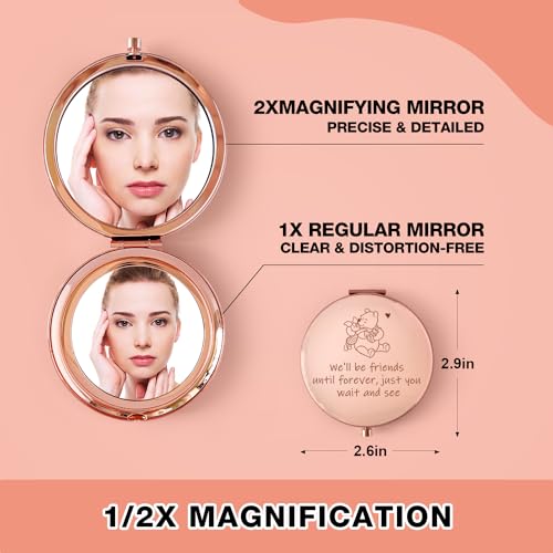 Funny Little Bear We'll be Friends Until Forever Travel Compact Pocket Makeup Mirror, Winnie The Pooh Engraved Compact Mirror for Sister Women Best Friends Girls Daughter Birthday