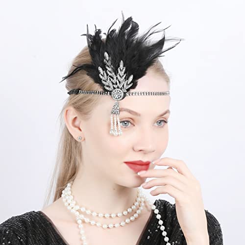 GORTIN 1920's Flapper Feather Headband Art Deco Headpiece Inspired Leaf Medallion Pearl Headband