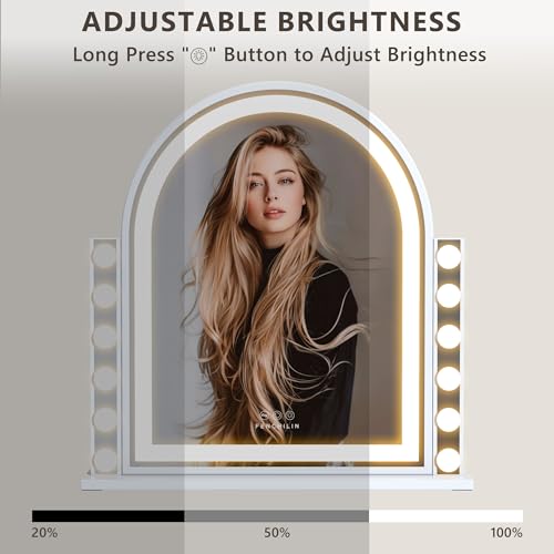 FENCHILIN Arch Vanity Mirror with Light 23.4"x22.4" Arched Makeup Mirror Lighted Hollywood Mirror with 12 Dimmable Bulbs and Light Strip with Smart Control 3 Color Modes White