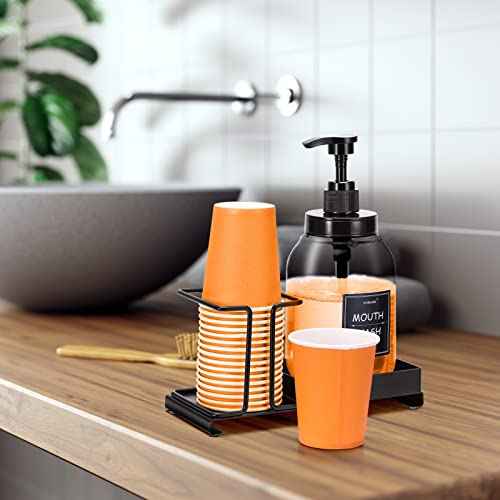 Mouthwash Dispenser for Bathroom,Mouth Wash Pump Bottle with Stainless Steel Cup Holder,24 OZ Refillable Clear Mouthwash Container,BPA Free,Black