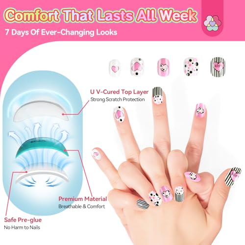 SAVILAND 7 Days Press on Nails for Kids: 168Pcs Children False Artificial Fake Nail Tips Sweet Edgy Pre-glue Full Cover Short Acrylic Nails with Nail Adhesive Tabs Gifts for Girls 8-12 Year (GlamKids)
