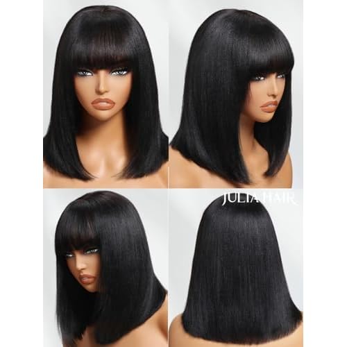 Julia Hair 10 Inch Light Yaki Straight Bob Wig with Bangs Human Hair Glueless 2x4 HD Lace Realistic Short Black Ready to Wear Blunt Cut Bob Wigs Natural for Black Women Beginner Friendly