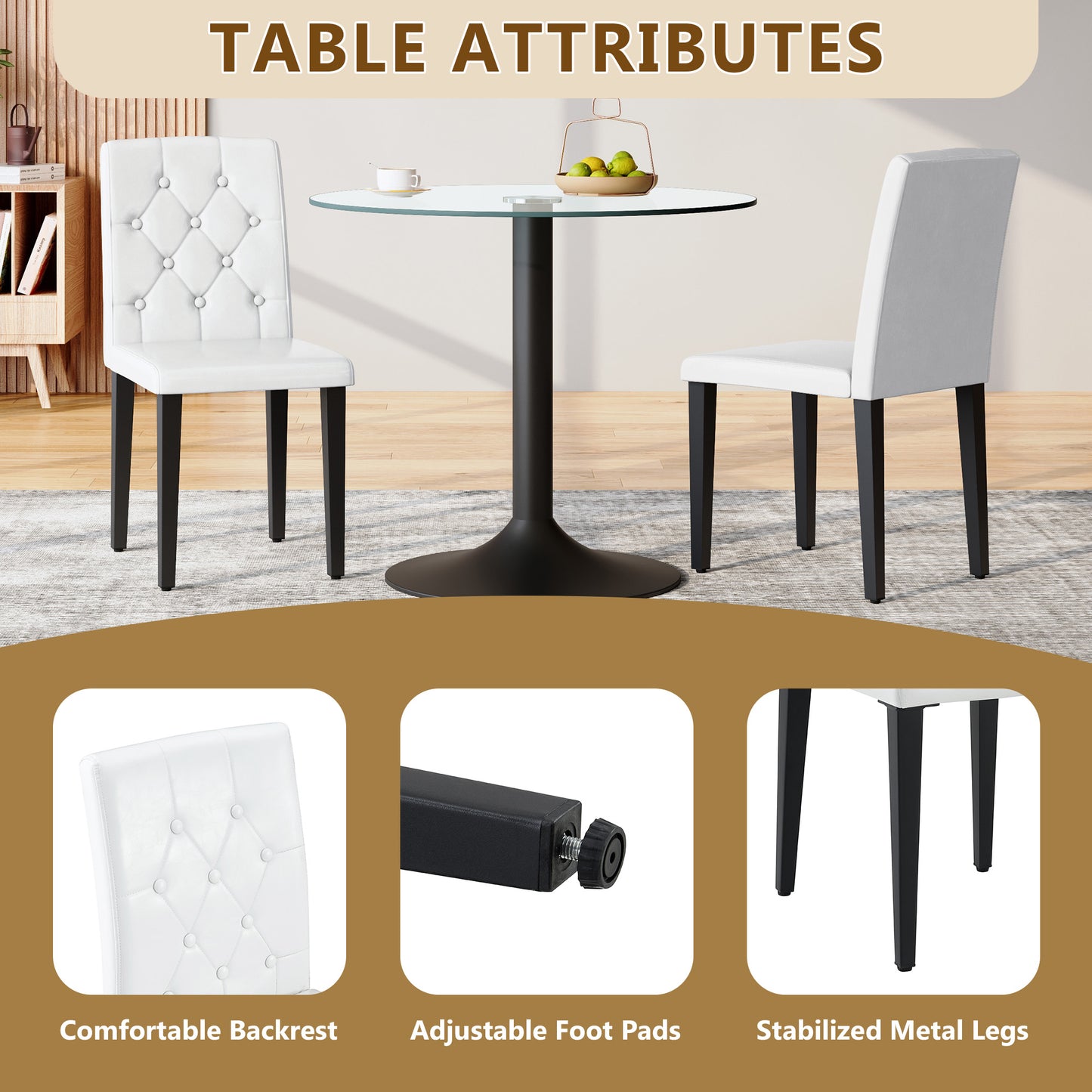 4-pack White PU Dining Chairs Ergonomic Buckle Backrest, 35 Inches