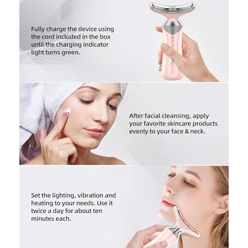 9-in-1 Red-Light-Therapy-for-Face-and-Neck, Portable Facial Massager Tool with Adjustable Vibration & Thermals for Wrinkles, Double Chin, Pink