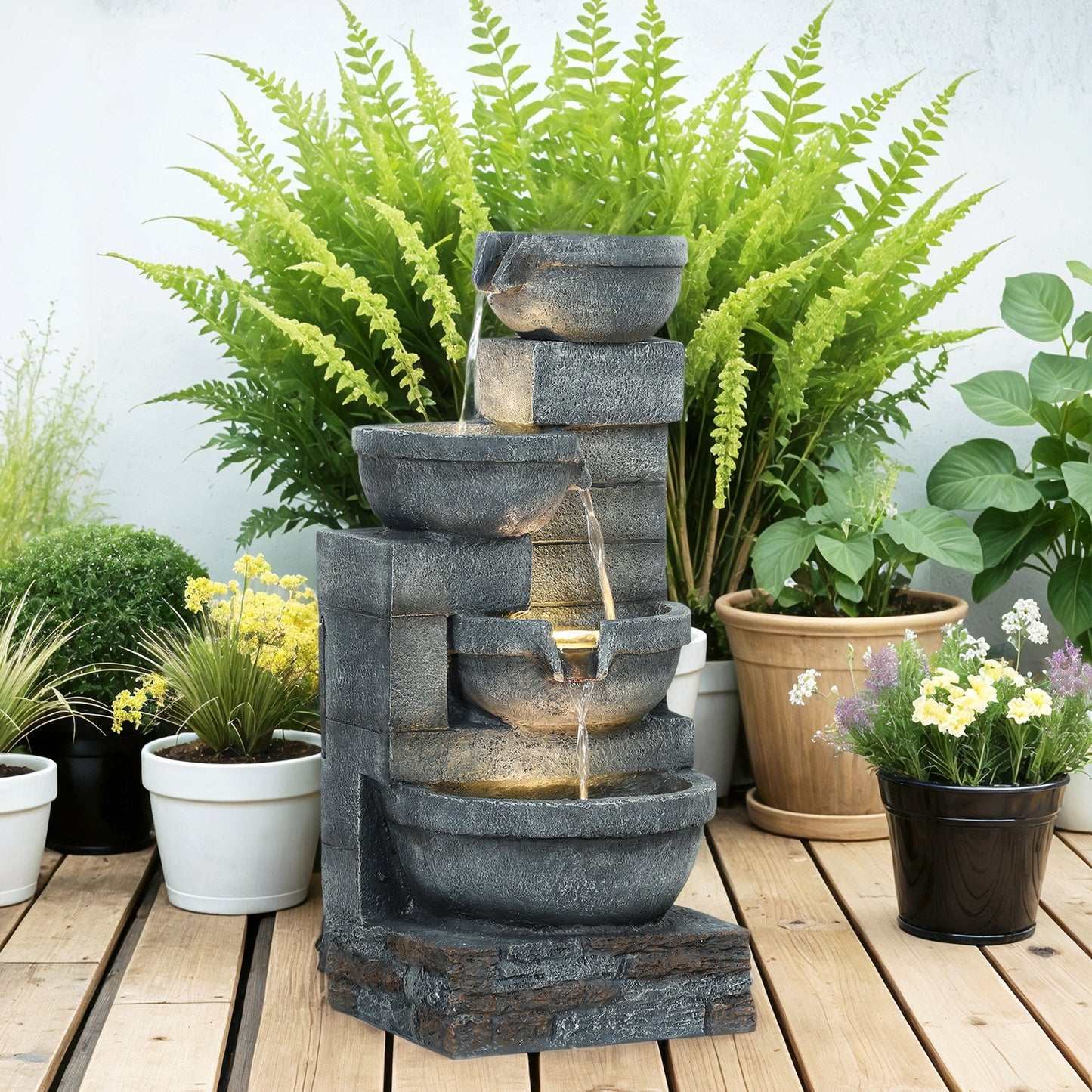 30-Inch Outdoor Waterfall Fountain with LED Lights, 4-Tier Resin Cascading Water Bowls