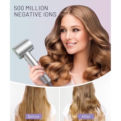 Hair Dryer - 150000 RPM High-Speed Brushless Motor Negative Ionic Blow Dryer for Fast Drying, Low Noise Thermo-Control Hair Dryer with Diffuser and Nozzle, Silvery