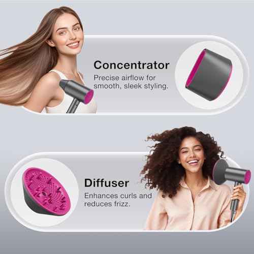 Ionic Diffuser Hair Dryer for Curly Hair, 1875W Fast Drying Blow Dryer with Diffuser and Concentrator Nozzle, Compact & Portable Negative Ion Hairdryer Blowdryer, 3 Heat 2 Speed Settings, Gray