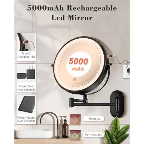 30X/1X Wall Mounted Lighted Makeup Mirror, 9'' Height Adjustable Double Sided 5000mAh Rechargeable Magnifying Bathroom Mirror with Light, 3 Color Modes Touch Dimmable Extended Arm 360 Rotation