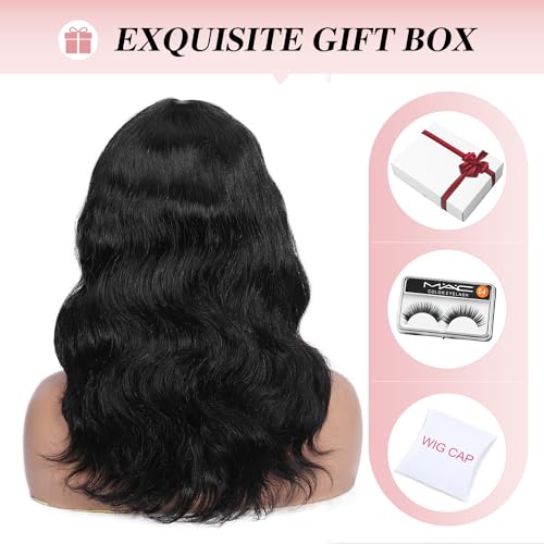 Fancy Hair Natural Wavy Human Hair Wig with Bangs Glueless Body Wave Brazilian Virgin Human Hair Wigs with Bangs for Black Women Natural Black 16 inches